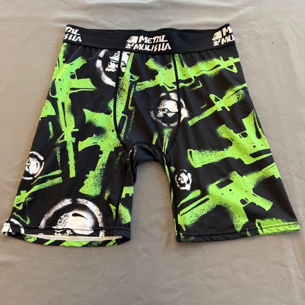 Metal Mulisha Mens Boxer Brief Medium Black Neon Green Skull Rifle Underwear